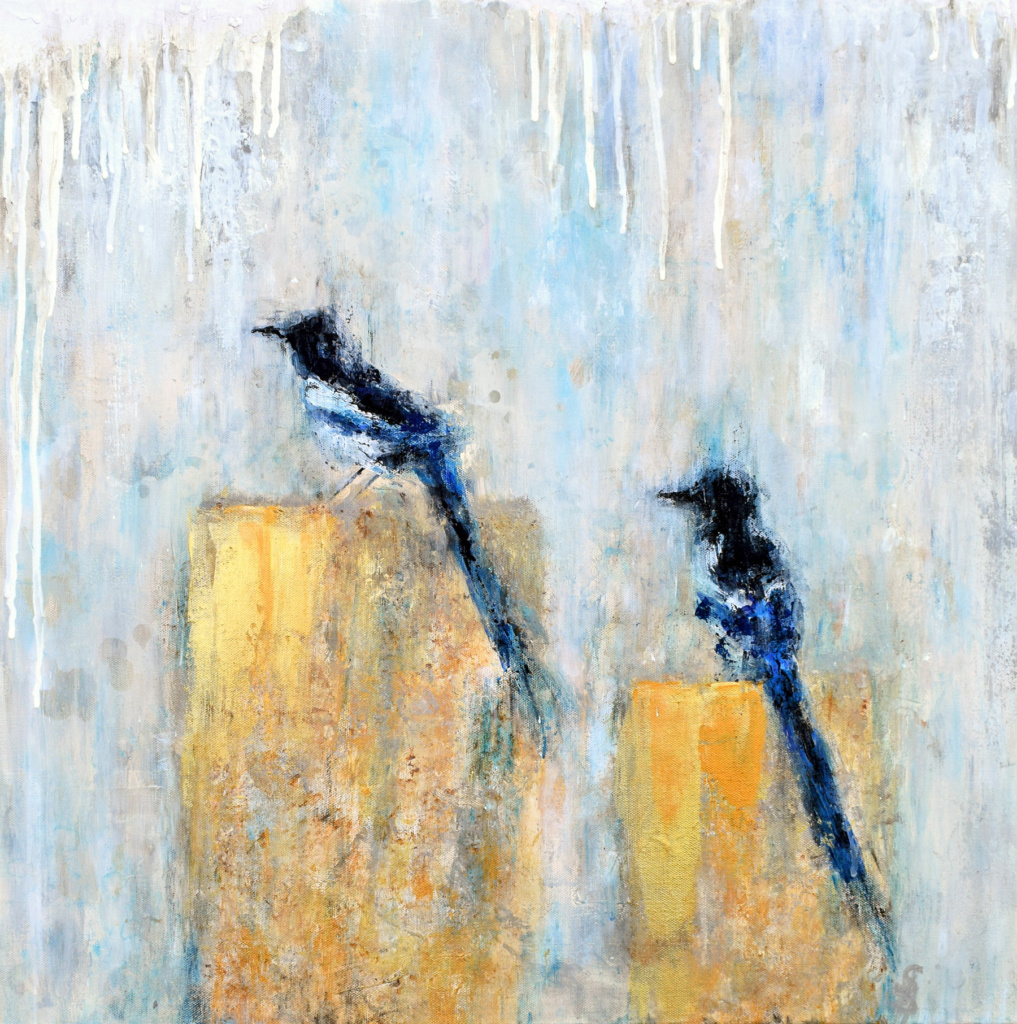 contemporary painting of two mapgies on posts