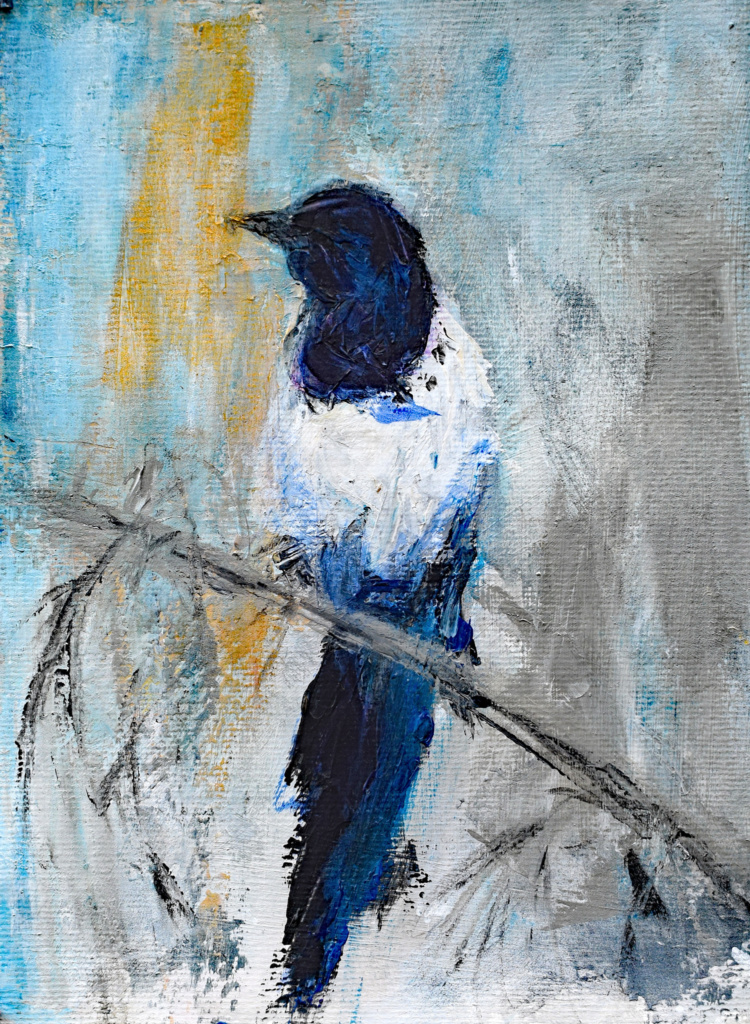painting magpie on twig
